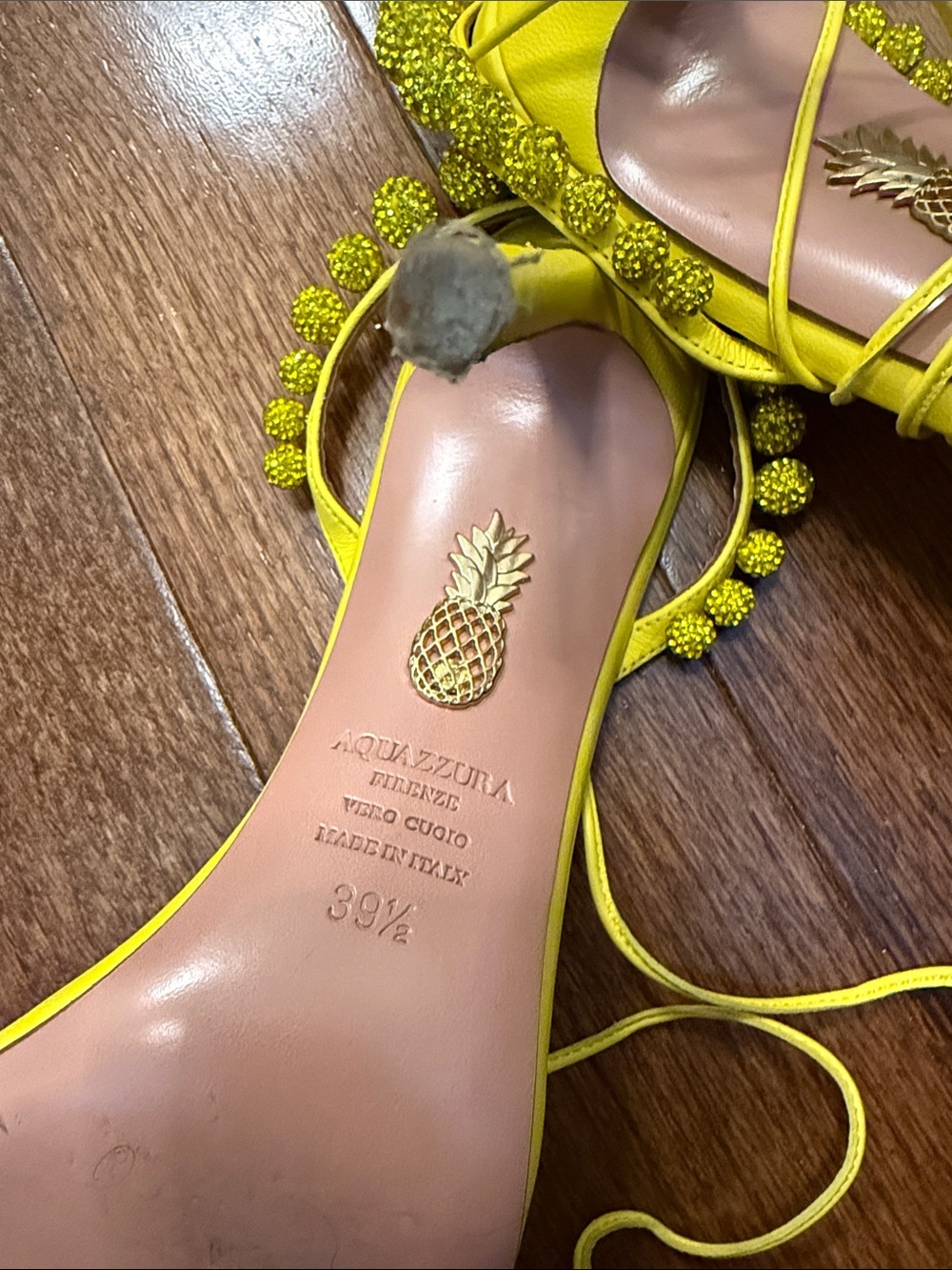 Aquazzura Yellow Pom-Pom Lace-Up Heels - Picture 6 of 7